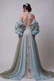 Champagne Mermaid Halter Sheer Ruffled Long Evening Dress with Cape