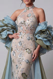Champagne Mermaid Halter Sheer Ruffled Long Evening Dress with Cape
