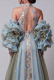 Champagne Mermaid Halter Sheer Ruffled Long Evening Dress with Cape