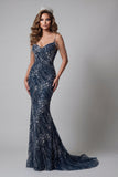 Sparkly Navy Mermaid Cold Shoulder Long Evening Dress with Beading