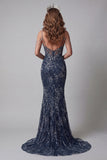 Sparkly Navy Mermaid Cold Shoulder Long Evening Dress with Beading