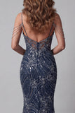 Sparkly Navy Mermaid Cold Shoulder Long Evening Dress with Beading