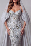 Sparkly Silver Mermaid Sequin Long Spaghetti Straps Evening Dress with Cape