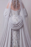 Sparkly Silver Mermaid Sequin Long Spaghetti Straps Evening Dress with Cape