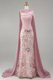 Sparkly Pink Strapless Mermaid Long Sequin Evening Dress with Cape