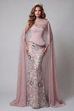 Sparkly Pink Strapless Mermaid Long Sequin Evening Dress with Cape