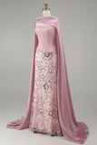 Sparkly Pink Strapless Mermaid Long Sequin Evening Dress with Cape