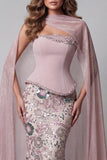 Sparkly Pink Strapless Mermaid Long Sequin Evening Dress with Cape