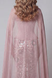 Sparkly Pink Strapless Mermaid Long Sequin Evening Dress with Cape