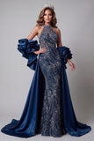 Sparkly Navy Halter Mermaid Long Evening Dress with Sequins
