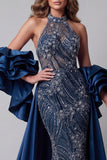 Sparkly Navy Halter Mermaid Long Evening Dress with Sequins