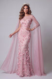 Pink Mermaid Illusion Neck 3D Flowers Long Evening Dress with Cape