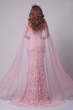 Pink Mermaid Illusion Neck 3D Flowers Long Evening Dress with Cape