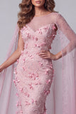 Pink Mermaid Illusion Neck 3D Flowers Long Evening Dress with Cape