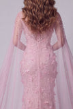 Pink Mermaid Illusion Neck 3D Flowers Long Evening Dress with Cape