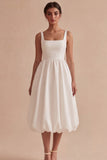 Simple White Square Neck A Line Midi Engagement Dress