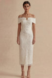 White Off the Shoulder Sheath Midi Engagement Dress with Pearls