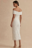 White Off the Shoulder Sheath Midi Engagement Dress with Pearls