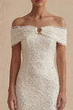 White Off the Shoulder Sheath Midi Engagement Dress with Pearls