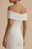 White Off the Shoulder Sheath Midi Engagement Dress with Pearls