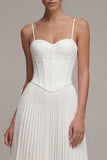 White Pleated A Line Corset Spaghetti Straps Engagement Dress