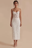 White Lace Shearh Corset Spaghetti Straps Midi Engagement Dress