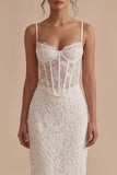 White Lace Shearh Corset Spaghetti Straps Midi Engagement Dress