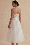 White Corset A Line Spaghetti Straps Tulle Engagement Dress with Lace