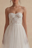 White Corset A Line Spaghetti Straps Tulle Engagement Dress with Lace