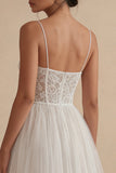 White Corset A Line Spaghetti Straps Tulle Engagement Dress with Lace