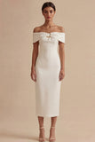 White Satin Off the Shoulder Sheath Midi Engagement Dress