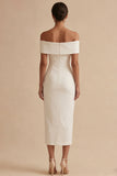 White Satin Off the Shoulder Sheath Midi Engagement Dress