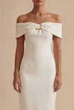 White Satin Off the Shoulder Sheath Midi Engagement Dress