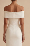 White Satin Off the Shoulder Sheath Midi Engagement Dress