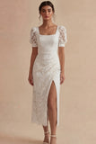 White Sheath Square Neck Lace Puff Sleeves Engagement Dress with Slit