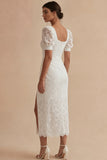 White Sheath Square Neck Lace Puff Sleeves Engagement Dress with Slit