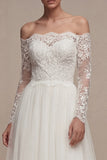 White A Line Off The Shoulder Wedding Dress with Lace Long Sleeves