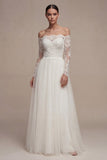 White A Line Off The Shoulder Wedding Dress with Lace Long Sleeves
