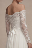White A Line Off The Shoulder Wedding Dress with Lace Long Sleeves