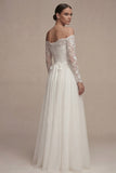 White A Line Off The Shoulder Wedding Dress with Lace Long Sleeves