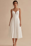 Simple White Satin A Line Midi Engagement Dress