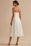 Simple White Satin A Line Midi Engagement Dress