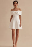 White A Line Off the Shoulder Satin Bridal Shower Dress