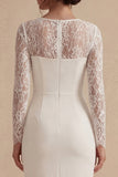 White Sheath Sqiare Neck Midi Engagement Dress with Lace Long Sleeves