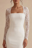 White Sheath Sqiare Neck Midi Engagement Dress with Lace Long Sleeves
