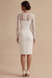 White Sheath Sqiare Neck Midi Engagement Dress with Lace Long Sleeves