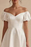 White A Line Off the Shoulder Short Graduation Dress with Puff Sleeves