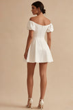 White A Line Off the Shoulder Short Graduation Dress with Puff Sleeves