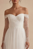 A Line Off the Shoulder Ruched Long Sleeves White Maxi Engagement Dress