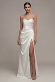 Sweetheart White Sheath Ruched Maxi Engagement Dress with Slit